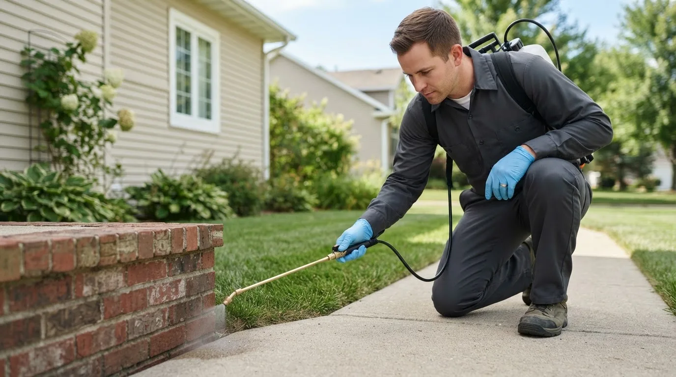 Pest control technician treating a home near Wall Lake, IA
