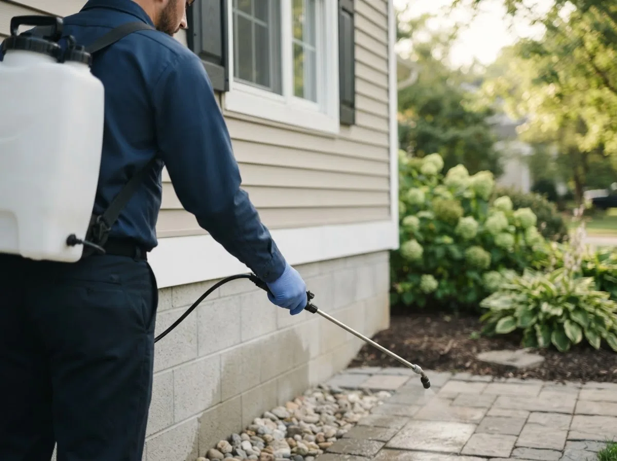 Pest control technician inspecting a home in Wall Lake, IA